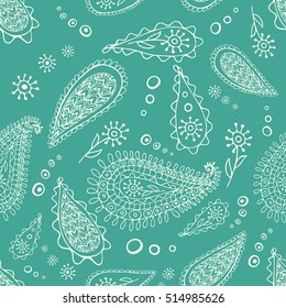 Seamless pattern based on traditional Asian elements paisley
Background, wallpaper, print, textile, cover, wrapper
Vector hand drawn graphical pattern with paisley, flowers and dots