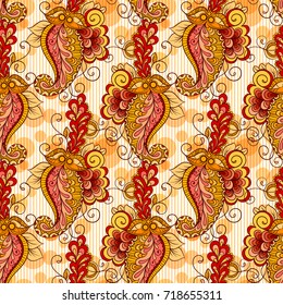 Seamless pattern based on traditional Asian elements Paisley in bright orange colors