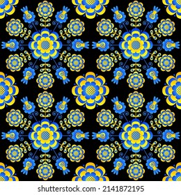 Seamless pattern based on Ukrainian embroidery on black background. Vector stylized ornament in Ukrainian style in yellow and blue as on the Ukrainian flag.