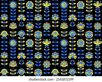 Seamless pattern based on Ukrainian embroidery on black background. Vector stylized ornament in Ukrainian style in yellow and blue as on the Ukrainian flag.