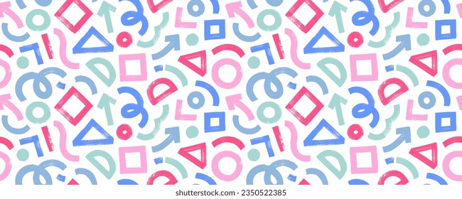 Seamless pattern with basic brush drawn geometric shapes. Multi colored background with geometric figures like circles, triangles, squares and wavy lines. Abstract childish vector seamless pattern.