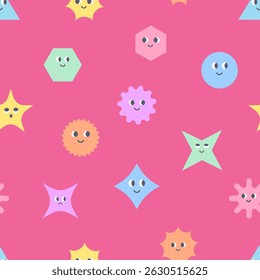 Seamless pattern of basic Geometric Figures with face emotions. Set of different shapes square, circle, rectangle, flower, star etc. Funny characters background. Cute vector illustration for kids