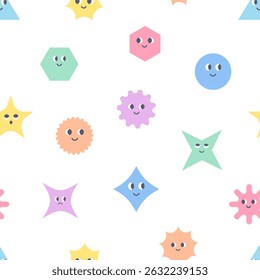 Seamless pattern of basic Geometric Figures with face emotions. Set of different shapes square, circle, rectangle, flower, star etc. Funny characters background. Cute vector illustration for kids