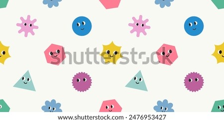 Seamless pattern of basic Geometric Figures with face emotions. Set of different shapes square, circle, rectangle, flower, star etc. Funny characters background. Cute vector illustration for kids