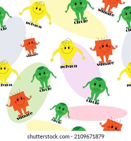 seamless pattern of basic geometric shapes circle, square, polygon, with emotions on the face, hands. Cute funny characters for children's development. vector for printing on fabrics, diary notebooks