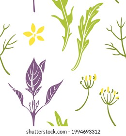 Seamless pattern with basil, arugula, dill. Colorful paper cut culinary herbs isolated on white background. Doodle hand drawn vector illustration