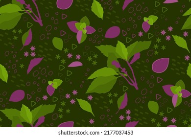 Seamless pattern with basil leaves and abstract shapes. Can be used for textile design, printing fabric.  Limited color palette.