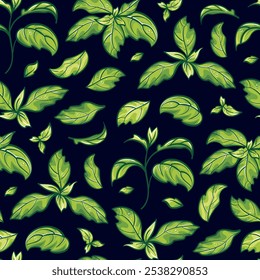 Seamless pattern of basil leaves. This botanical artwork features aromatic herbs. for culinary illustrations, cookbooks, menus, cafes, promoting a healthy lifestyle and environmental sustainability.