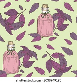 Patrón sin foco con albahaca:hoja, planta de albahaca y botella de aceite esencial de albahaca. Cosmética, perfumería y planta médica. Ilustración dibujada a mano por vectores.