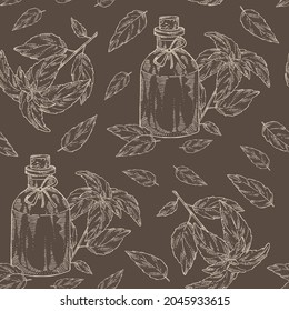 Seamless pattern with basil:leaf, basil plant and bottle of basil essential oil. Cosmetic, perfumery and medical plant. Vector hand drawn illustration.
