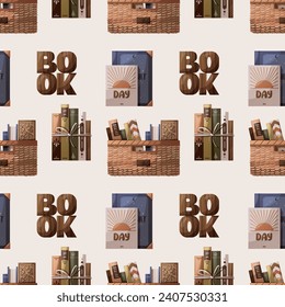 Nahtloses Muster mit einem Korb von Büchern und Holzwort "Buch". Buchladen, Buchladen, Buchliebhaber, Lesen, Innenarchitektur. Vektorgrafik.