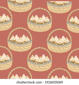 Seamless pattern of basket and cupcakes on brown background for background and texture concept 