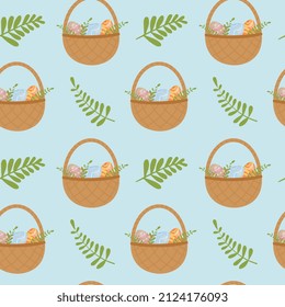 Seamless pattern with basket with easter eggs. Background for wrapping paper, greeting cards and seasonal designs. Happy Easter Day.