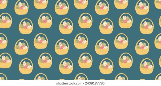 Seamless Pattern of Basket with Easter eggs in flat style. Endless spring design for textile, wrapping paper, background.