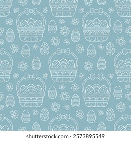 Seamless pattern with basket and eggs. Flat style. Vector illustration.
