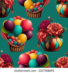 Nahtloses Muster aus einem Korb mit Blumen und bunten Ballons. Vektorgrafik eps10.