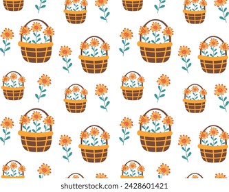 Seamless pattern with basket and flowers. Colorful endless texture with orange yellow flowers, pattern for designer textiles, backgrounds, wrapping paper, etc.