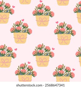 Seamless pattern with basket with flowers. Floral springtime hand drawn illustration.