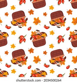 Seamless pattern with a basket with mushrooms, maple leaves and rose hips. Print with autumn harvest in the forest