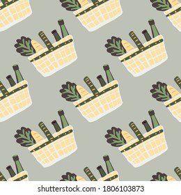 Seamless pattern with basket products. Beige ornament with green details on light purple background. Great for wallpaper, textile, wrapping paper, fabric print. Vector illustration.