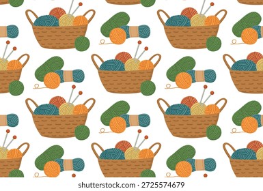 Padrão sem costura com cesta e fio. Fundo colorido com elementos de tricô