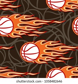 Seamless pattern with basketball ball and hot rod flame. Vector illustration. Ideal for wallpaper, cover, packaging, fabric, textile, wrapping paper design and any kind of decoration.