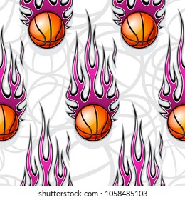 Seamless pattern with basketball ball and hot rod flame. Vector illustration. Ideal for wallpaper, cover, packaging, fabric, textile, wrapping paper design and any kind of decoration.