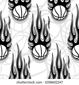 Seamless pattern with basketball ball and hot rod flame. Vector illustration. Ideal for wallpaper, cover, packaging, fabric, textile, wrapping paper design and any kind of decoration.