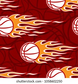 Seamless pattern with basketball ball and hot rod flame. Vector illustration. Ideal for wallpaper, cover, packaging, fabric, textile, wrapping paper design and any kind of decoration.