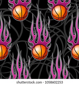 Seamless pattern with basketball ball and hot rod flame. Vector illustration. Ideal for wallpaper, cover, packaging, fabric, textile, wrapping paper design and any kind of decoration.