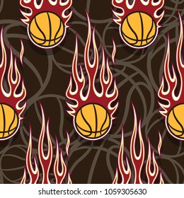 Seamless pattern with basketball ball and hot rod flame. Vector illustration. Ideal for wallpaper, cover, packaging, fabric, textile, wrapping paper design and any kind of decoration.