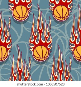 Seamless pattern with basketball balls and hotrod flames. Vector illustration. Ideal for wallpaper, cover, packaging, fabric, textile, wrapping paper design and any kind of decoration.