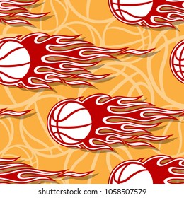 Seamless pattern with basketball balls and hotrod flames. Vector illustration. Ideal for wallpaper, cover, packaging, fabric, textile, wrapping paper design and any kind of decoration.