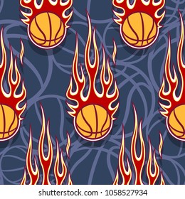 Seamless pattern with basketball balls and hotrod flames. Vector illustration. Ideal for wallpaper, cover, packaging, fabric, textile, wrapping paper design and any kind of decoration.