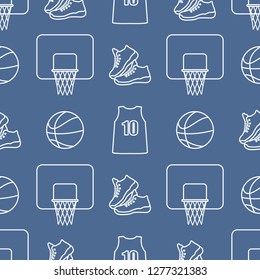Seamless pattern with basketball basket, ball, sneakers, shirt. Sports background. Basketball equipment. Games, hobbies, entertainment.