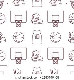 Seamless pattern with basketball basket, ball, sneakers, shirt. Sports background. Basketball equipment. Games, hobbies, entertainment.