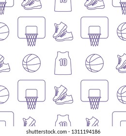 Seamless pattern with basketball basket, ball, sneakers, shirt. Sports background. Basketball equipment. Games, hobbies, entertainment.