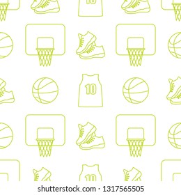 Seamless pattern with basketball basket, ball, sneakers, shirt. Sports background. Basketball equipment. Games, hobbies, entertainment.