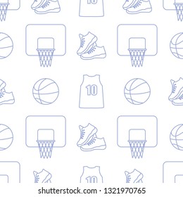 Seamless pattern with basketball basket, ball, sneakers, shirt. Sports background. Basketball equipment. Games, hobbies, entertainment.