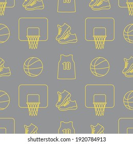Seamless pattern with basketball basket, ball, sneakers, shirt. Sports background. Basketball equipment. Games, hobbies, entertainment. Illuminating and Ultimate Gray.