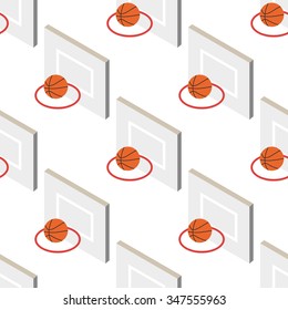 Seamless pattern of basketball equipment. Basketball background of ball and basket. Isometric sports equipment texture. Pattern for design, web, backdrop, advertising etc.