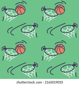 Seamless pattern with basketball game elements. Throwing the ball into a basketball basket. Team game on the green field. Illustration in the style of flat and contour graphics.