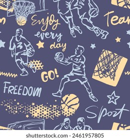 Seamless pattern for basketball, hand drawing, typography. Vector illustration, Caligraphy, abstract ball.