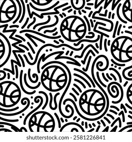 Seamless pattern of Basketball with simple doodle illustration for the production of fabric, wrapping paper, wallpaper, etc