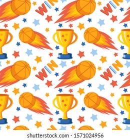 Patrón sin inconvenientes de baloncesto, Copa de Ganadores, inscripción de ganadores, estrellas. Fondo deportivo en vector. Estilo plano. Ilustración infantil colorida. Juego deportivo. 