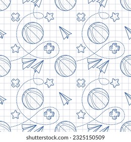 Patrón sin inconvenientes con baloncesto en forma de boceto sobre fondo a cuadros blancos