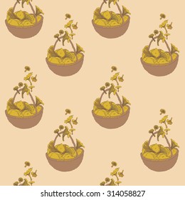 Seamless pattern of baskets chanterelle mushrooms. Vector. Warm colors.