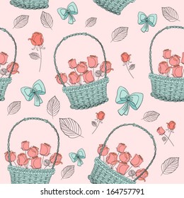 Seamless pattern with baskets and flowers