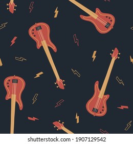 Seamless pattern with bass guitar and lightning on dark background. International Music Day. Vector musical instrument set. Doodle elements	