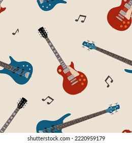 Seamless pattern with bass guitars, electric guitars and musical notes. Musical color vector background.